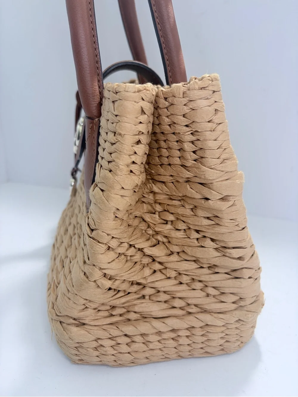 Woven Straw Tote Handbag with Brown Leather Trim